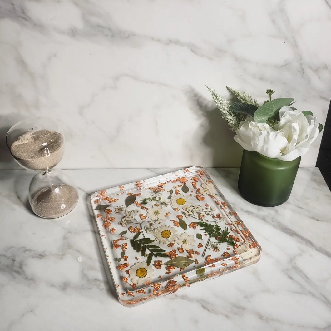 White Flowers and Rose Gold Tray